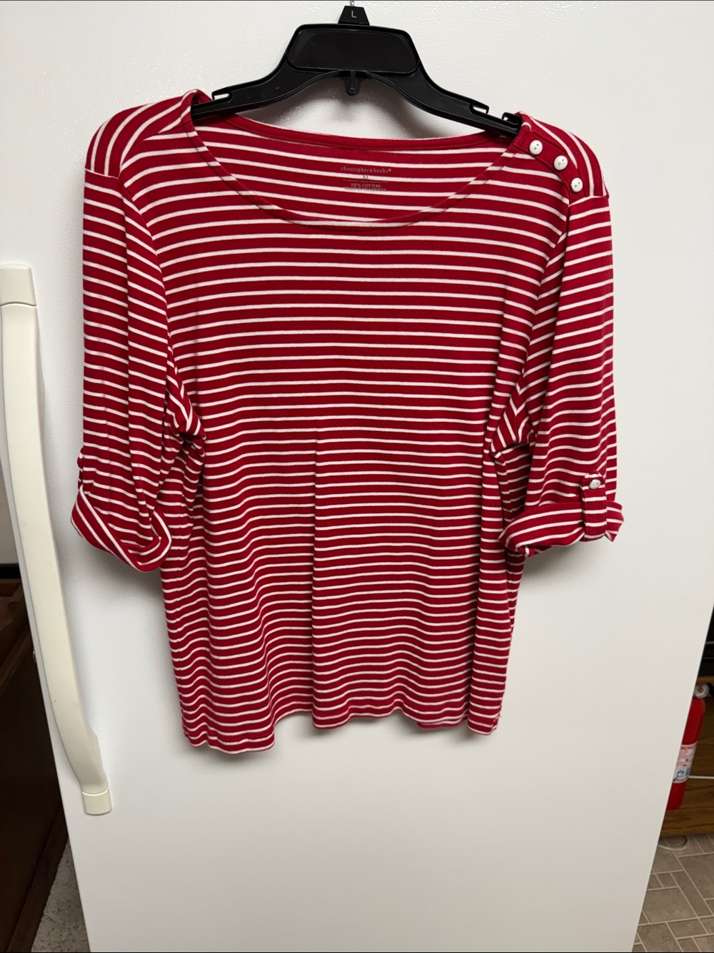 Christopher & Banks Red and White Striped Button-Shoulder Tee